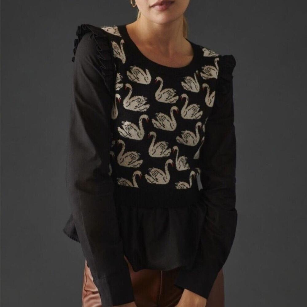 Anthropologie Black Sweater with Cream Swan Jacquard